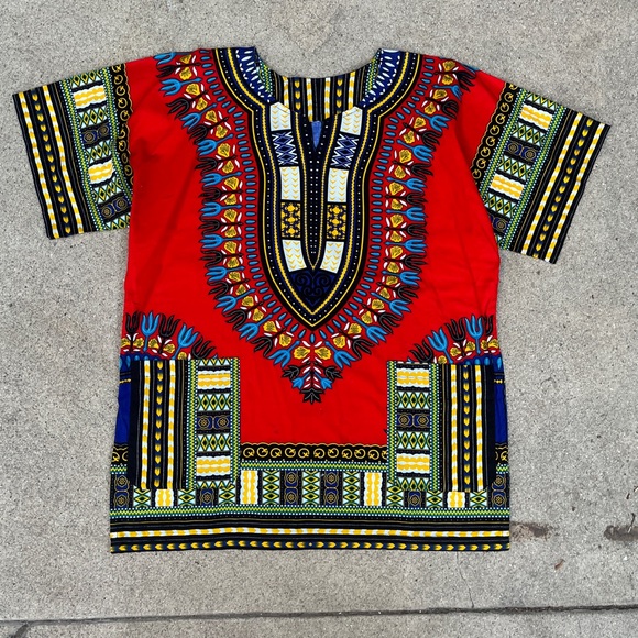 Handmade Mens Dashiki Shirt African Hippie Vintage Red Tribal Blouse Sz M - Picture 13 of 16